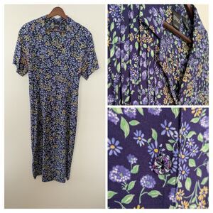 Vintage Erika Midi Button Up Dress M Floral Cottage Tie Back Pintuck Farmhouse